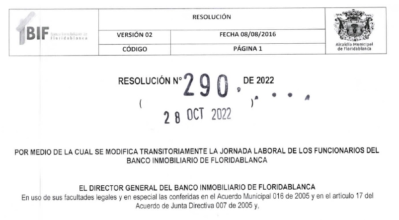 Resolución 290 se Modifica Transitoriamente el horario laboral